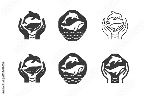Ocean Conservation Icons. Ocean conservation efforts. Icon set. Set Logo of ocean conservation efforts: whale and dolphin safety. harmonious logo variations of