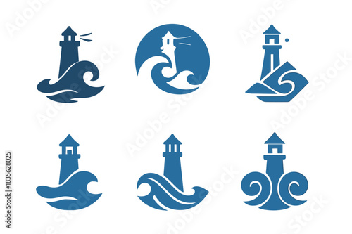 Ocean Logo Variations. Oceans and seas. Icon set. Set Logo of oceans and seas: lighthouse standing by crashing waves. harmonious logo variations of the same