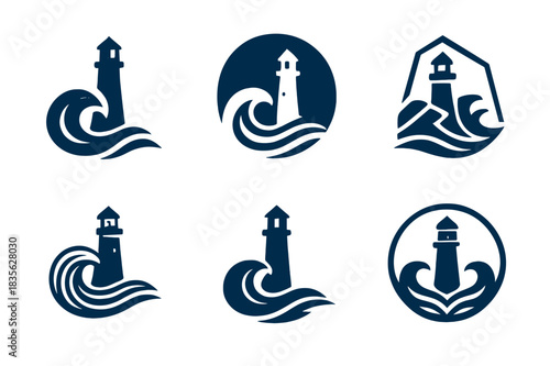 Ocean Logo Variations. Oceans and seas. Icon set. Set Logo of oceans and seas: lighthouse standing by crashing waves. harmonious logo variations of the same