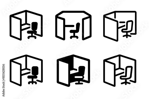 Office Cubicle Logos. Office cubicle. Icon set. Set Logo of office cubicle: private workspace corner. harmonious logo variations of the same emblematic