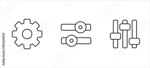 Icon symbol set for setting, adjustment, preference, option, customization, setup, configuration, control, maintenance, equalizer. Vector icon collection. Gear and equalizer icons.