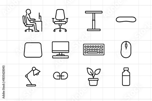 Office Ergonomics Icons. Office ergonomics. Line icon set of office ergonomics: posture figure, adjustable chair, standing desk, wrist rest, foot mat, monitor