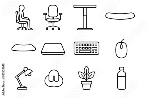 Office Ergonomics Icons. Office ergonomics. Line icon set of office ergonomics: posture figure, adjustable chair, standing desk, wrist rest, foot mat, monitor