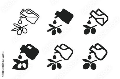 Olive Oil Logos. pouring olive oil. Icon set. Set Logo of pouring olive oil: olive oil bottle. harmonious logo variations of the same emblematic concept, each