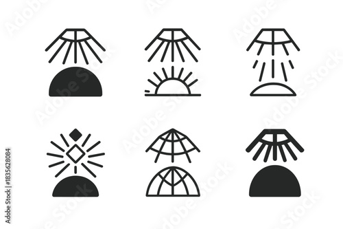 Open Atrium Logos. Open Atrium. Icon set. Set Logo of Open Atrium: sunlight from ceiling window. harmonious logo variations of the same emblematic concept,
