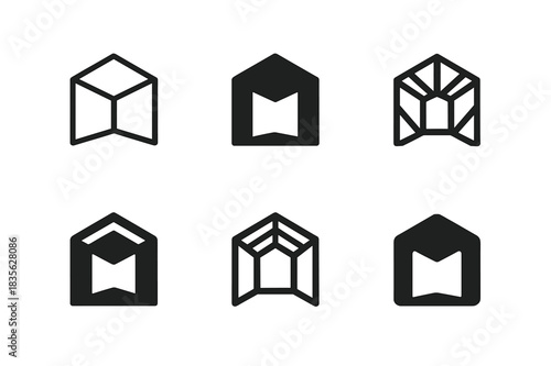 Open Atrium Logos. Open Atrium. Icon set. Set Logo of Open Atrium: open architectural perspective. harmonious logo variations of the same emblematic concept,