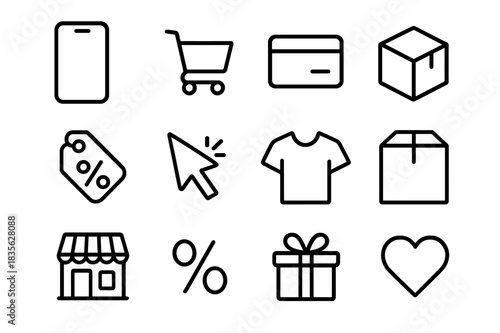 Online Shopping Icons. Online shopping. Line icon set of online shopping: smartphone, shopping cart, credit card, delivery box, discount tag, mouse click,