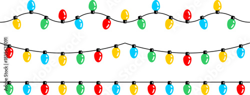 Garlands with colored bulbs. Christmas light string. Christmas glowing lights on white background. Flat design