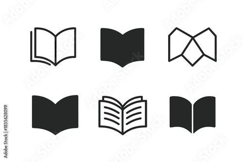 Open Book Logos. Open book. Icon set. Set Logo of open book: Book with visible pages spread. harmonious logo variations of the same emblematic concept, each
