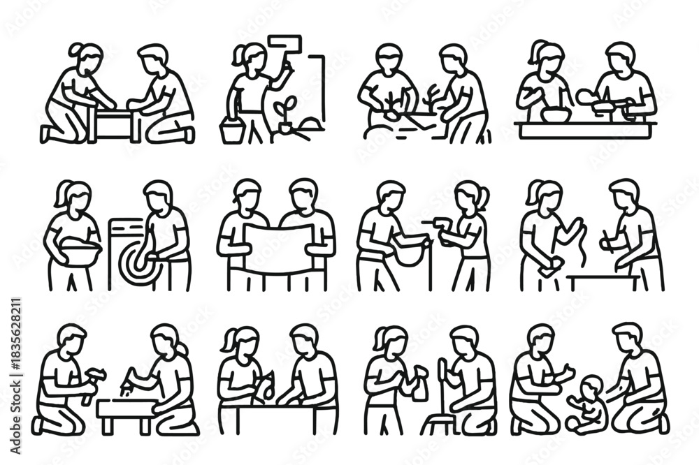 Naklejka premium Parent Teamwork Icons. Mom and Dad Teamwork. Line icon set of Mom and Dad Teamwork: parents assembling furniture, parents painting wall, parents gardening,
