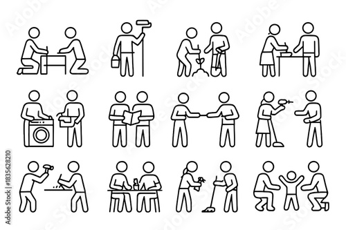 Parent Teamwork Icons. Mom and Dad Teamwork. Line icon set of Mom and Dad Teamwork: parents assembling furniture, parents painting wall, parents gardening,
