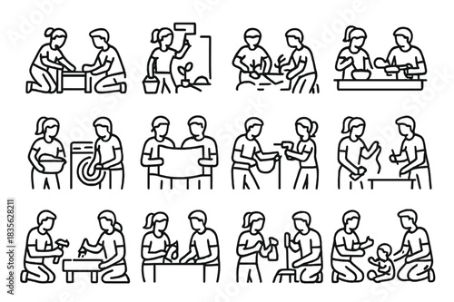 Parent Teamwork Icons. Mom and Dad Teamwork. Line icon set of Mom and Dad Teamwork: parents assembling furniture, parents painting wall, parents gardening,