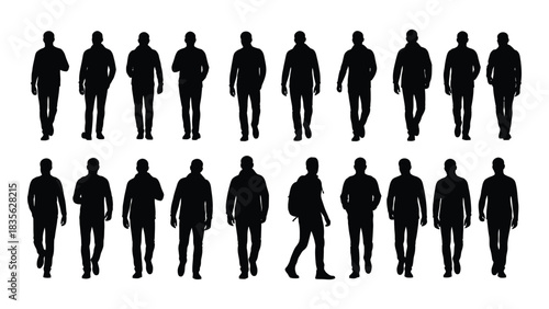 Set of male walking silhouettes isolated on white background, Vector