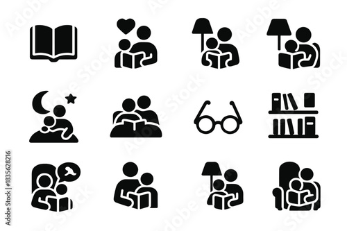 Parents Reading Icons. Parents reading to children. Solid icon set of parents reading to children: open book, parent figure, child figure, heart, lamp, chair,