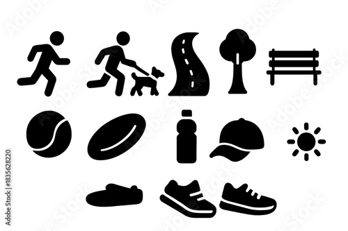 Park Activities Icons. Park Jogging. Solid icon set of person, dog, leash, park path, tree, bench, ball, frisbee, water bottle, hat, sun, sneakers. Filled
