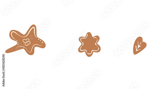 Festive gingerbread cookies in star, heart, and flower shapes on white background