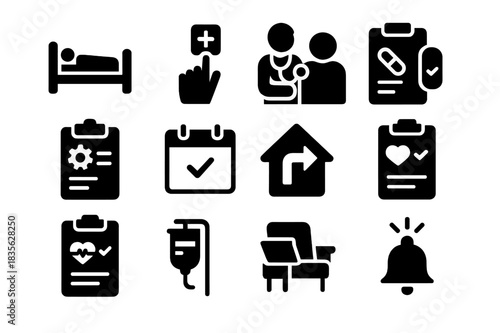 Patient Care Icons. Patient care. Solid icon set of Patient care: hospital bed, nurse call button, vitals check, medication chart, care plan, appointment,