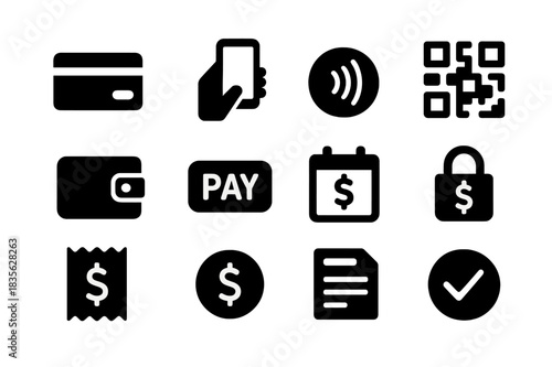 Payment Icons Set. Payment options. Solid icon set of Payment options: credit card, mobile pay, NFC icon, QR code, digital wallet, pay now button, installment