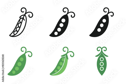 Pea Pod Logo Set. Pea. Icon set. Set Logo of Pea: Pea pod with tendril. harmonious logo variations of the same emblematic concept (Minimal outline, Negative