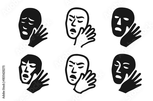 Performance Art Logos. Performance art. Icon set. Set Logo of performance art: expressive face and gesture. harmonious logo variations of the same emblematic