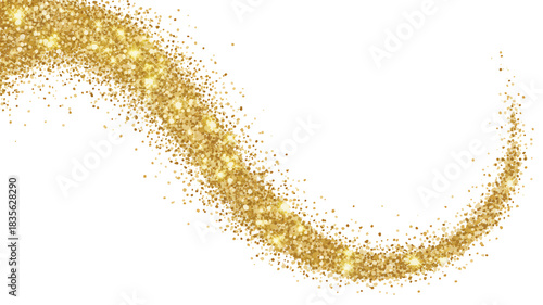 Stunning flowing gold glitter dust trail sweeps across dark background