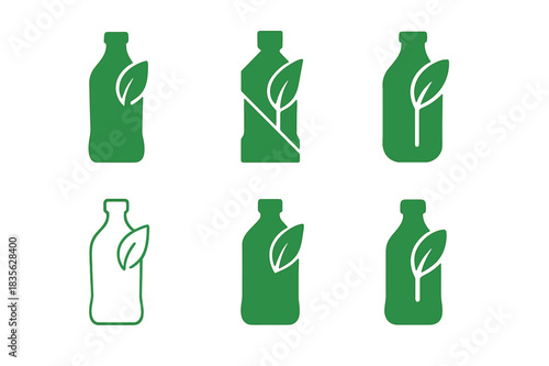 Plastic Alternatives Logos. Plastic Alternatives. Icon set. Set Logo of Plastic Alternatives: plant-based bottle. harmonious logo variations of the same