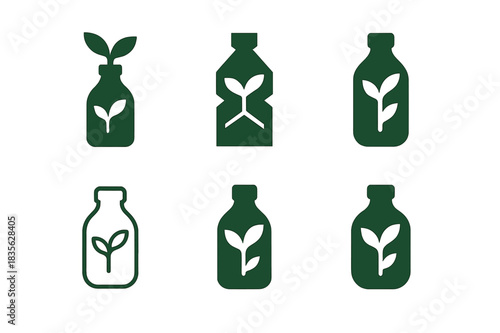 Plastic Alternatives Logos. Plastic Alternatives. Icon set. Set Logo of Plastic Alternatives: plant-based bottle. harmonious logo variations of the same