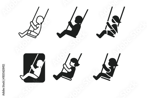 Playground Swing Logos. Swinging on playground. Icon set. Set Logo of swinging on playground: Child on swing in motion. harmonious logo variations of the same