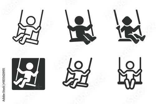 Playground Swing Logos. Swinging on playground. Icon set. Set Logo of swinging on playground: Child on swing in motion. harmonious logo variations of the same