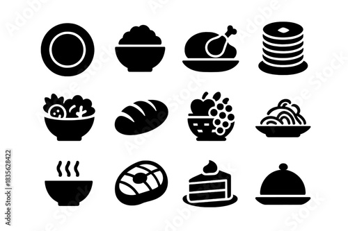 Plentiful Servings Icons. Plentiful servings. Solid icon set of Plentiful servings: large plate, overflowing bowl, roasted chicken, stack of pancakes, salad