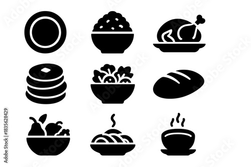 Plentiful Servings Icons. Plentiful servings. Solid icon set of Plentiful servings: large plate, overflowing bowl, roasted chicken, stack of pancakes, salad