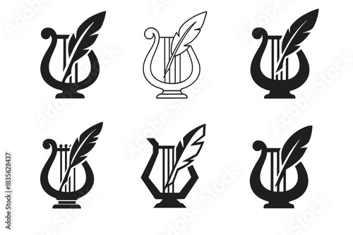 Poetic Emblem Variations. Poetic expression. Icon set. Set Logo of poetic expression: lyre entwined with a writing quill. harmonious logo variations of the