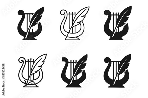 Poetic Emblem Variations. Poetic expression. Icon set. Set Logo of poetic expression: lyre entwined with a writing quill. harmonious logo variations of the