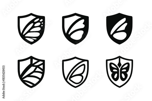 Pollinator Protection Logos. Protecting pollinators. Icon set. Set Logo of protecting pollinators: Monarch butterfly wing. harmonious logo variations of the