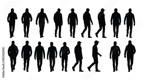 Walking men silhouettes set isolated on white background, Vector