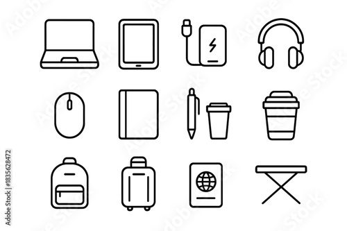 Portable Workspace Essentials. Portable Workspace. Line icon set of Portable Workspace: laptop, tablet, power bank, headphones, mouse, notebook, pen, coffee