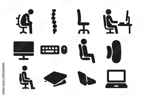 Posture Icon Set. Posture Monitoring. Solid icon set of person sitting, spine, chair, desk, monitor, keyboard, mouse, posture icon, lumbar support, cushion,
