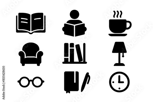 Reading Time Icons. Reading Time. Solid icon set of Reading Time: open book, person reading, coffee cup, armchair, bookshelf, lamp, glasses,