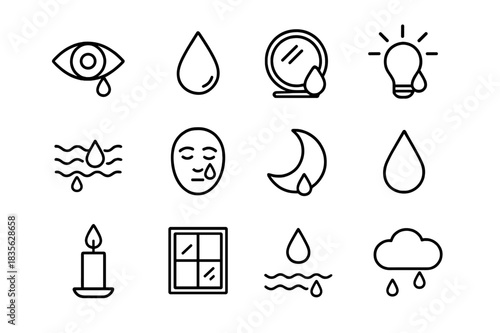 Reflective Tear Icons. Tears of reflection. Line icon set of tears of reflection: eye, teardrop, mirror, light, wave, face, moon, droplet, candle, window,