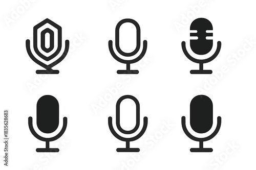 Remote Work Tools Logos. Remote work tools. Icon set. Set Logo of microphone. harmonious logo variations of the same emblematic concept (Abstract geometric,