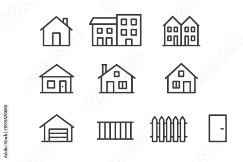 Residential Icon Set. Residential buildings. Line icon set of residential buildings: house, duplex, apartment, townhouse, villa, cabin, cottage, garage, roof,