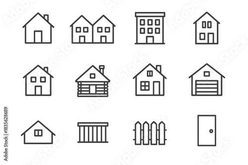 Residential Icon Set. Residential buildings. Line icon set of residential buildings: house, duplex, apartment, townhouse, villa, cabin, cottage, garage, roof,