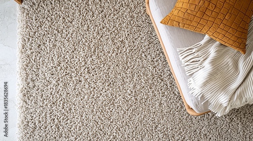Top view of a soft beige shag carpet texture in a cozy bedroom. Modern home decor flat lay with a bed, pillow, and blanket. Background with copy space