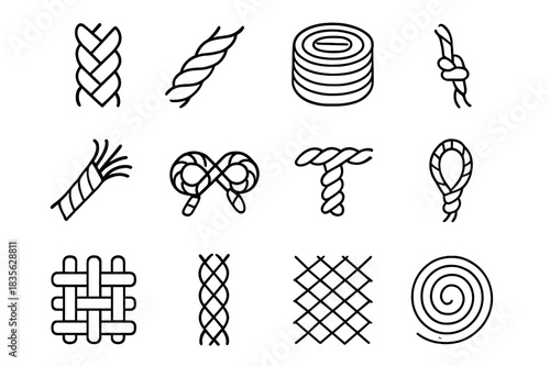 Rope Texture Icons. Rope textures. Line icon set of rope textures: braided rope, twisted fibers, thick rope coil, knotted strand, frayed rope, sailor?s knot,