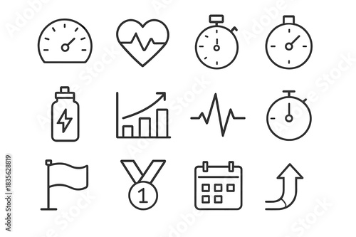 Running Performance Icons. Running performance. Line icon set of running performance: speedometer, heart rate monitor, stopwatch, shoe, energy drink, graph,