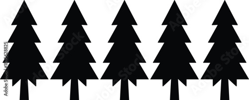 Pine tree silhouette, forest icon, black tree shape, nature graphic, flat vector illustration, minimal design, evergreen symbol, outdoor clipart, tree row, stylized trunk