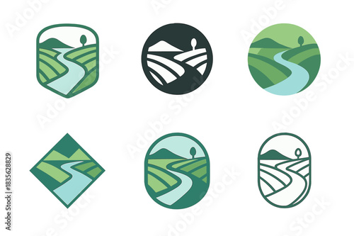 Rural Landscape Logos. Rural landscapes. Icon set. Set Logo of rural landscapes: River flowing through farmland. harmonious logo variations of the same