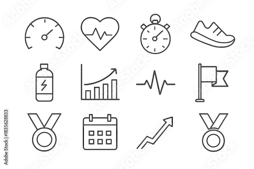 Running Performance Icons. Running performance. Line icon set of running performance: speedometer, heart rate monitor, stopwatch, shoe, energy drink, graph,