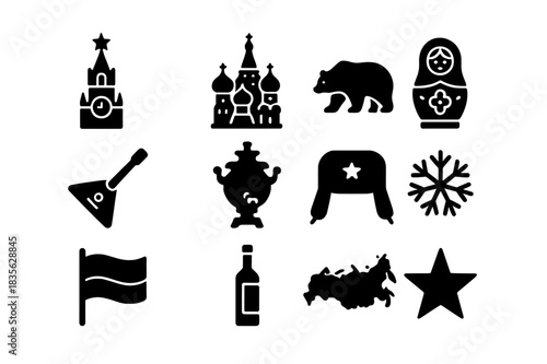Icons of Russia. Russia. Solid icon set of Russia: Kremlin tower, Saint Basil?s Cathedral, bear, matryoshka doll, balalaika, samovar, fur hat, snowflake, flag,