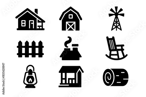 Rustic Farmhouse Icons. Rustic farmhouse. Solid icon set of Rustic farmhouse: wooden house, barn, windmill, picket fence, chimney, rocking chair, lantern,